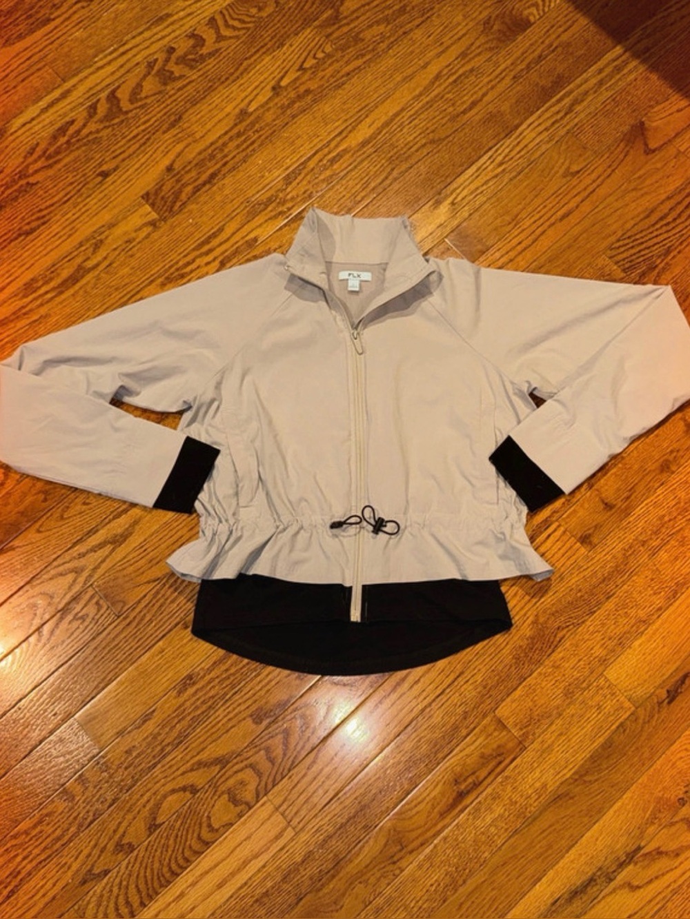 Light Beige Drawstring Hem Jacket with Black Trim